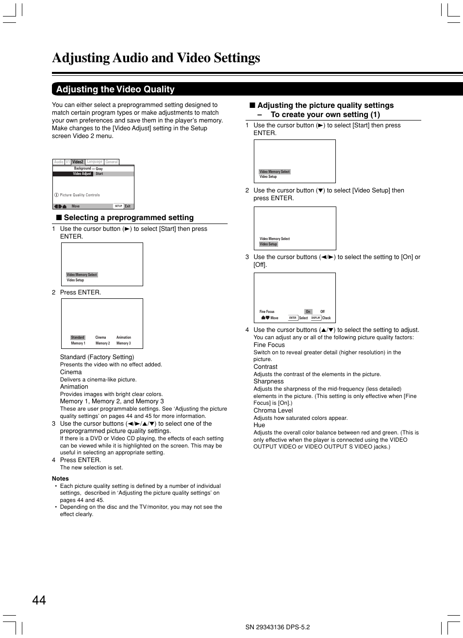 Adjusting audio and video settings, Adjusting the video quality, Selecting a preprogrammed setting | Integra DPS-5.2 User Manual | Page 44 / 60