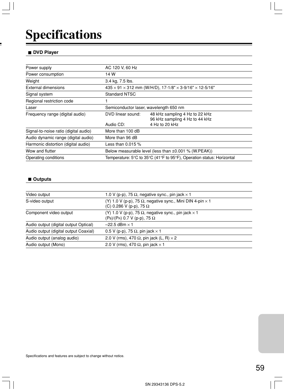 Specifications | Integra DPS-5.2 User Manual | Page 59 / 60