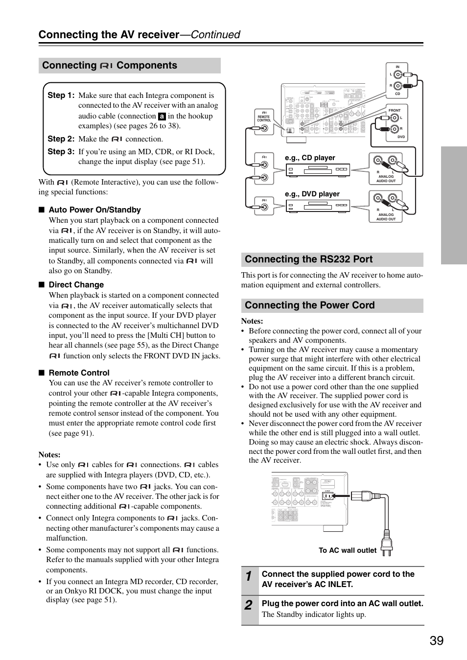 Connecting the av receiver —continued, Connecting components | Integra DTR-5.8 User Manual | Page 39 / 100