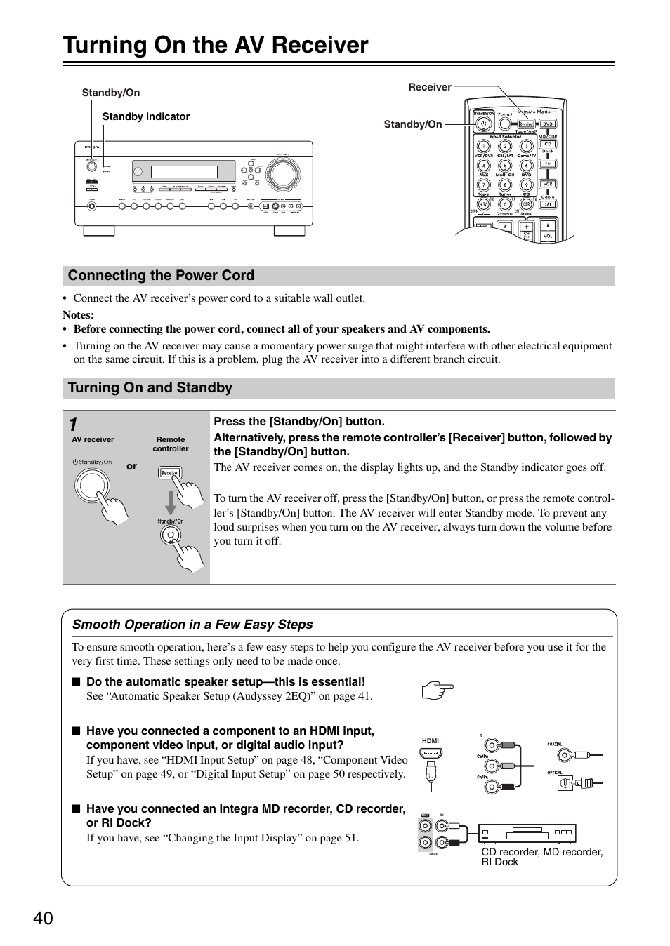 Turning on the av receiver, Connecting the power cord turning on and standby | Integra DTR-5.8 User Manual | Page 40 / 100