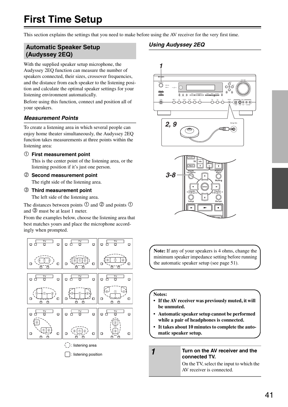 First time setup, Automatic speaker setup (audyssey 2eq) | Integra DTR-5.8 User Manual | Page 41 / 100