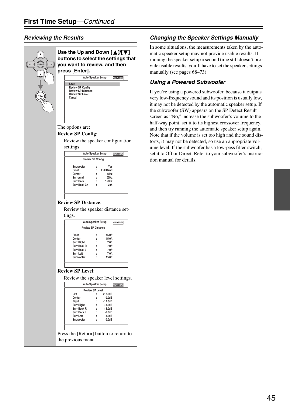 First time setup —continued, Using a powered subwoofer | Integra DTR-5.8 User Manual | Page 45 / 100