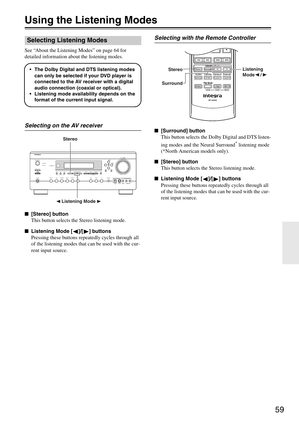 Using the listening modes, Selecting listening modes | Integra DTR-5.8 User Manual | Page 59 / 100