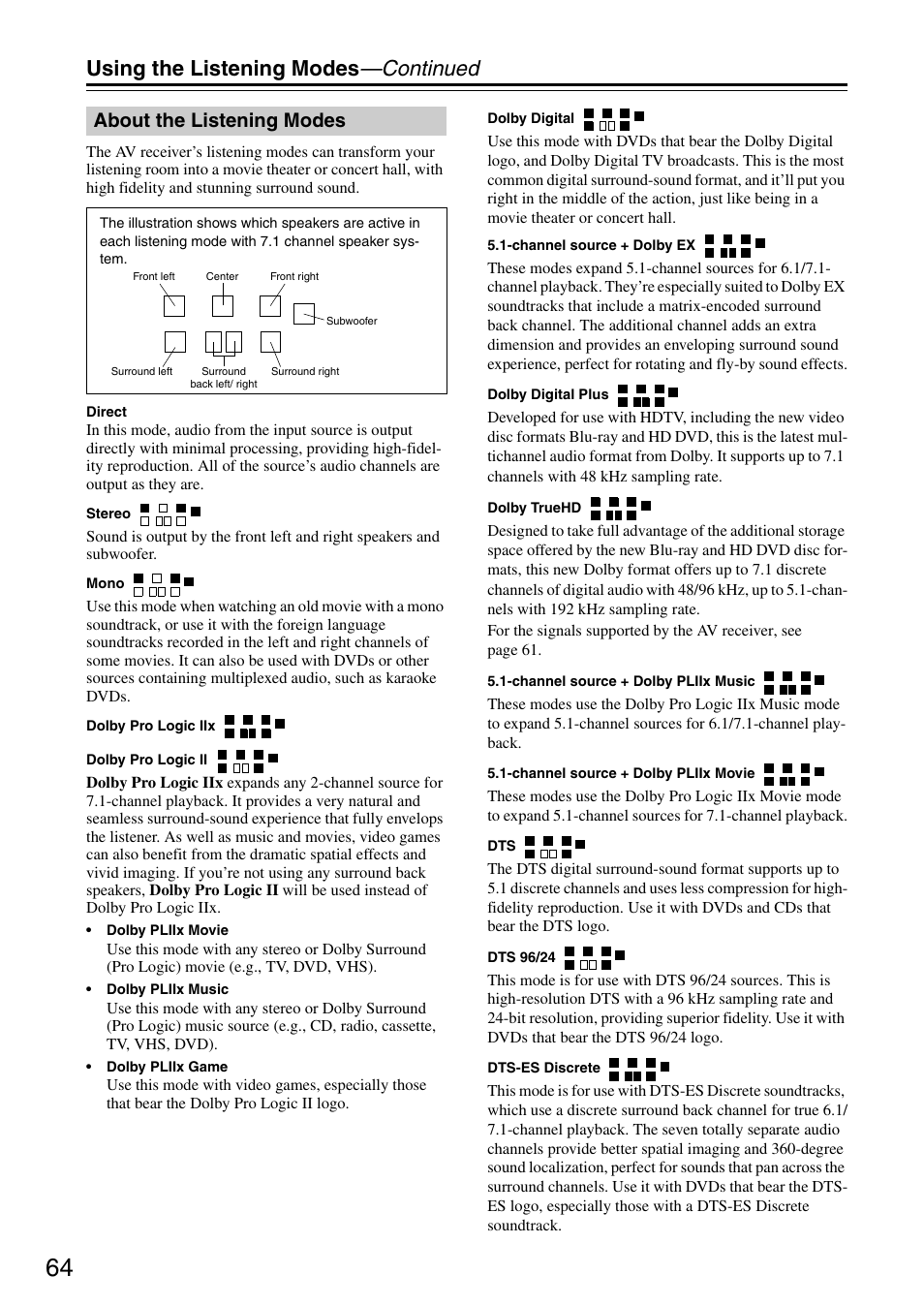 Using the listening modes —continued, About the listening modes | Integra DTR-5.8 User Manual | Page 64 / 100