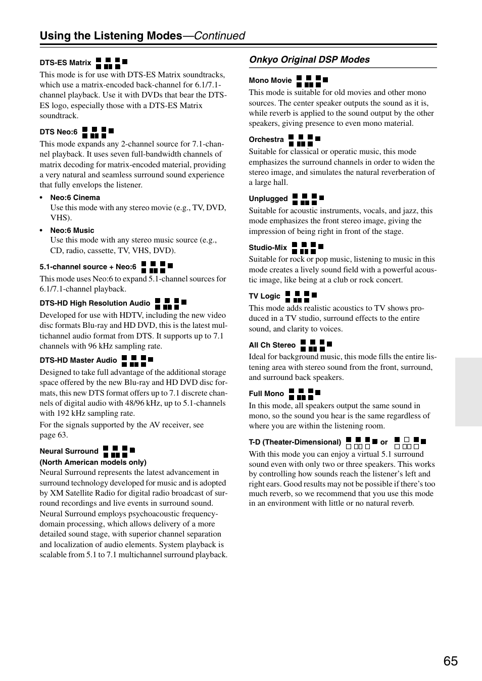 Using the listening modes —continued | Integra DTR-5.8 User Manual | Page 65 / 100