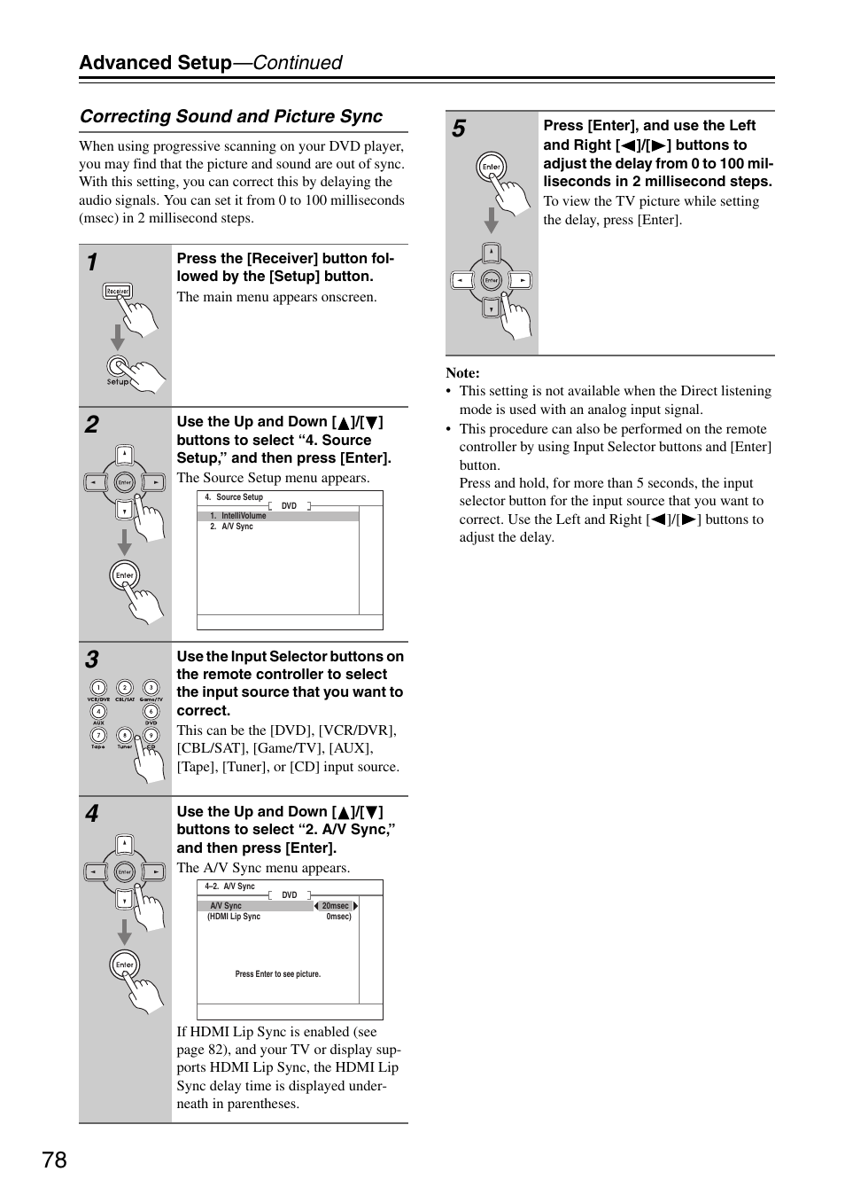 Advanced setup —continued, Correcting sound and picture sync | Integra DTR-5.8 User Manual | Page 78 / 100