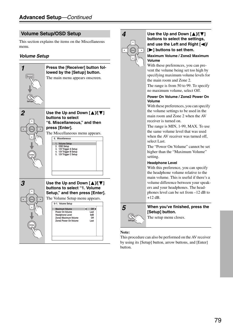 Advanced setup —continued, Volume setup/osd setup | Integra DTR-5.8 User Manual | Page 79 / 100