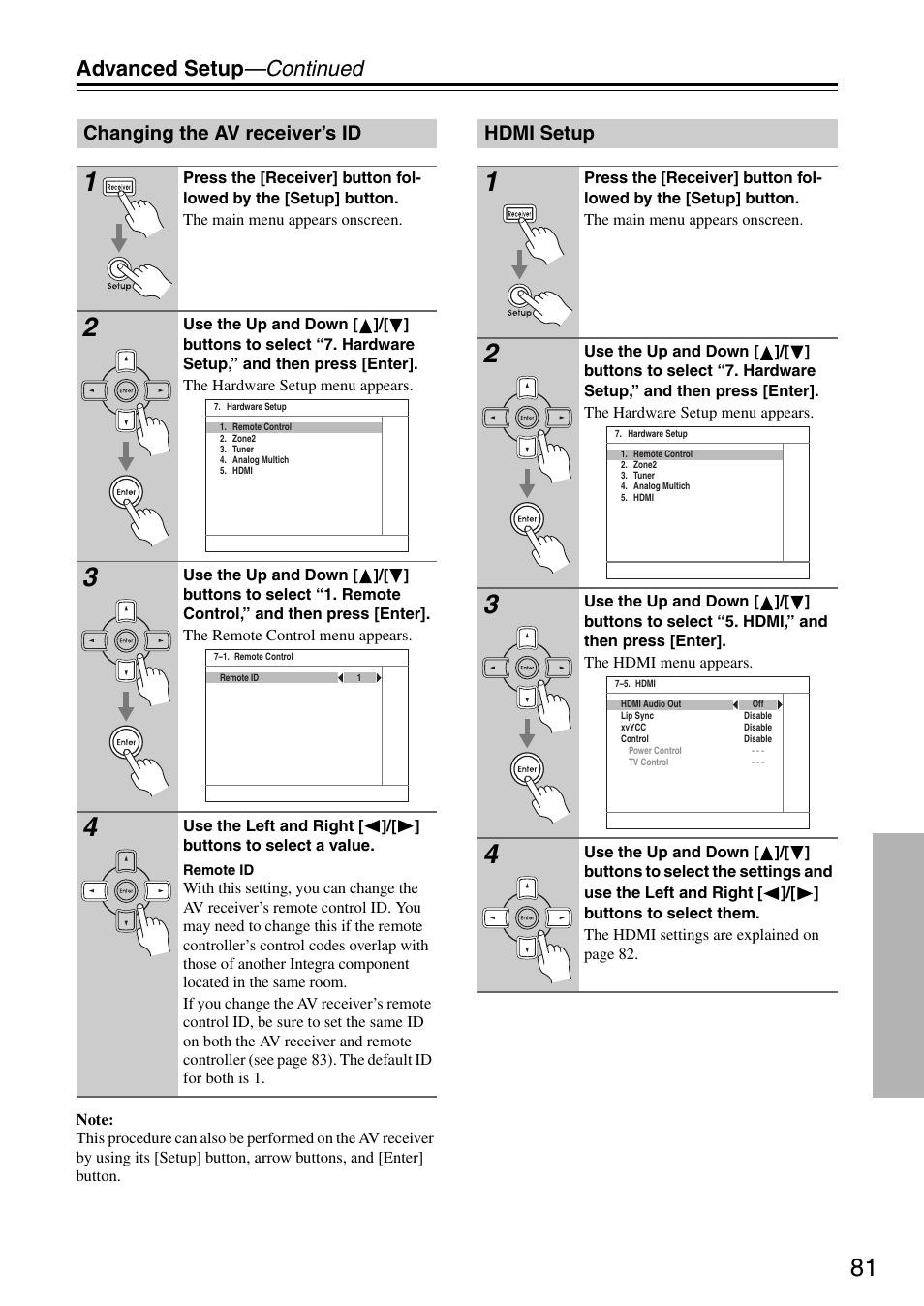 Advanced setup —continued, Changing the av receiver’s id, Hdmi setup | Integra DTR-5.8 User Manual | Page 81 / 100