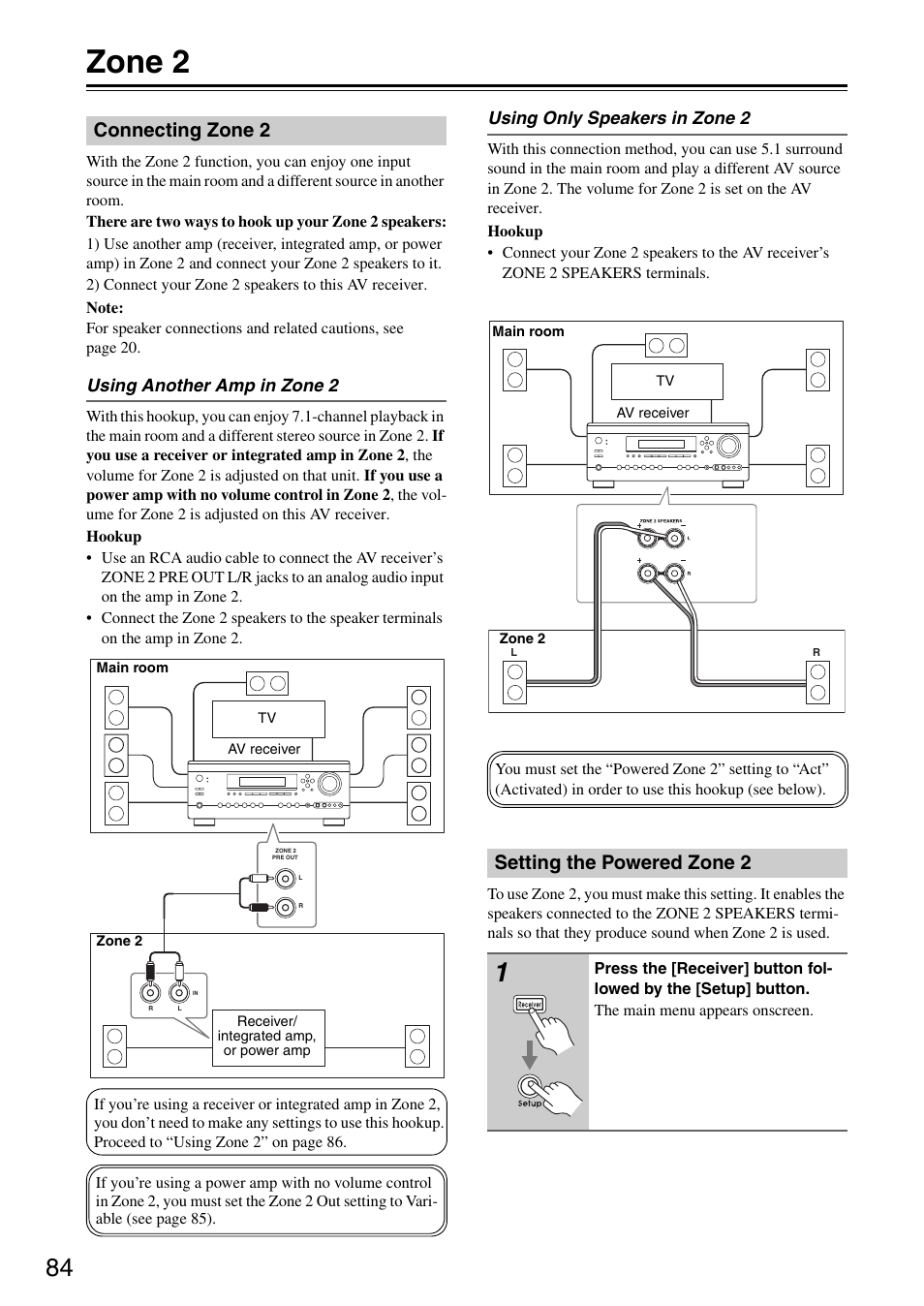 Zone 2, Connecting zone 2, Setting the powered zone 2 | Integra DTR-5.8 User Manual | Page 84 / 100