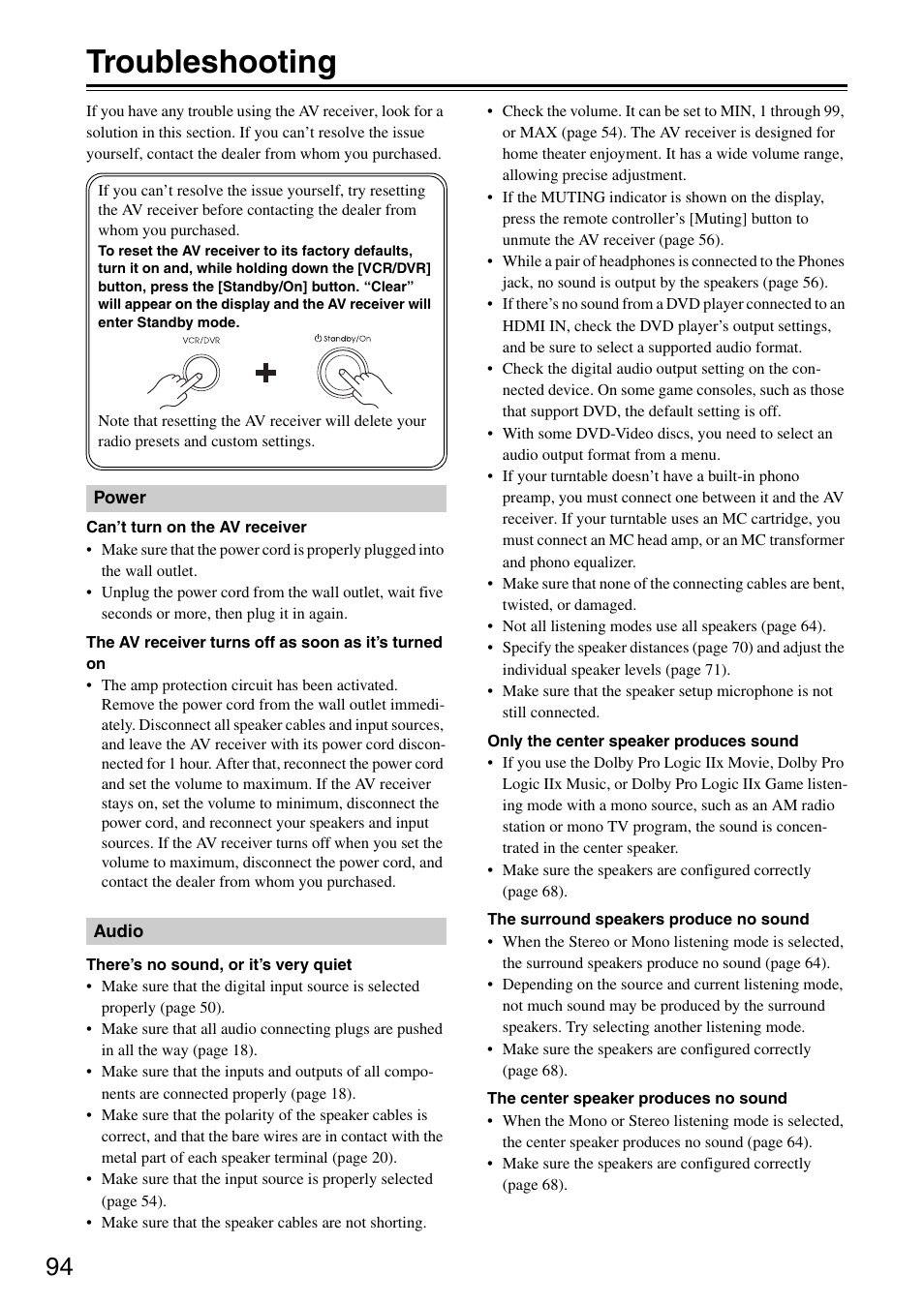 Troubleshooting | Integra DTR-5.8 User Manual | Page 94 / 100