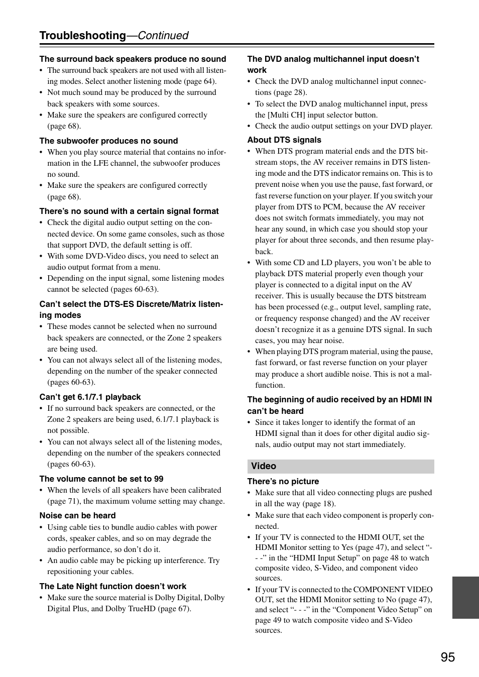 Troubleshooting —continued | Integra DTR-5.8 User Manual | Page 95 / 100
