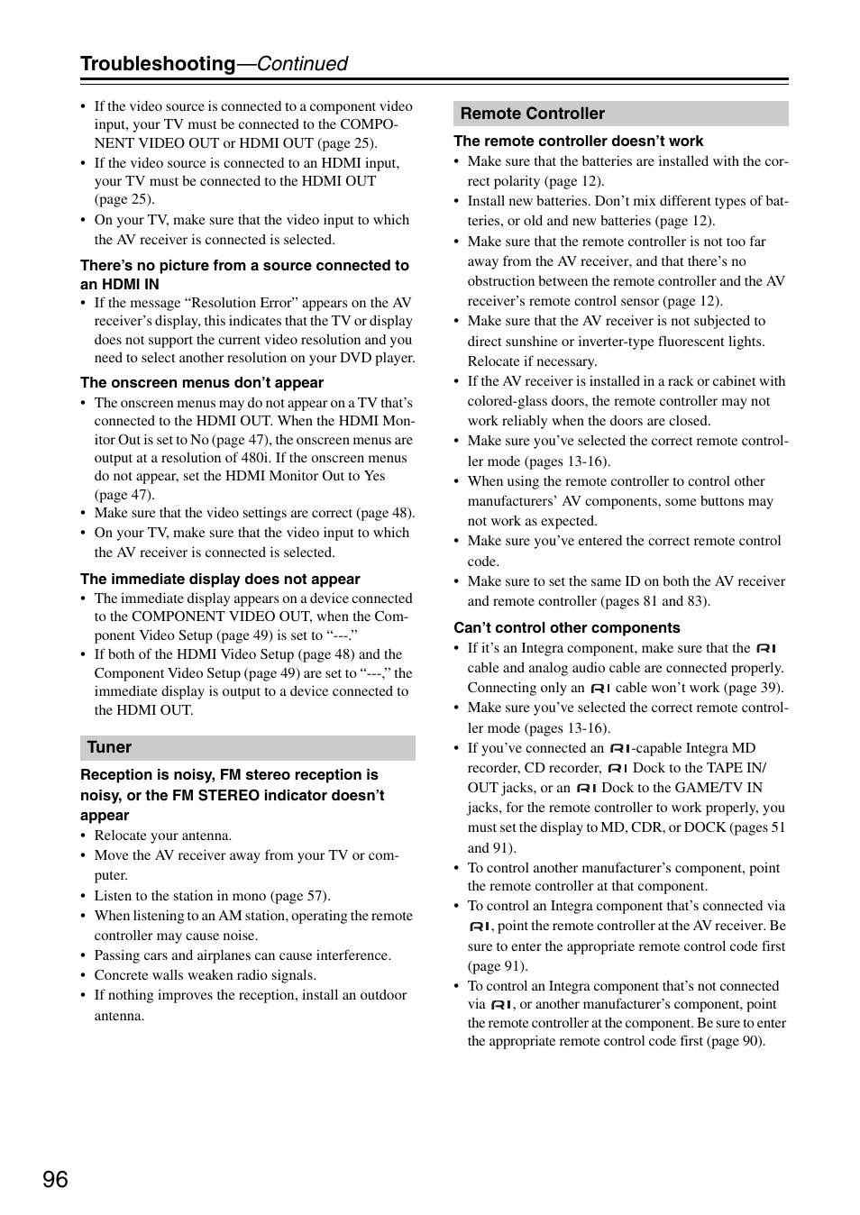 Troubleshooting —continued | Integra DTR-5.8 User Manual | Page 96 / 100