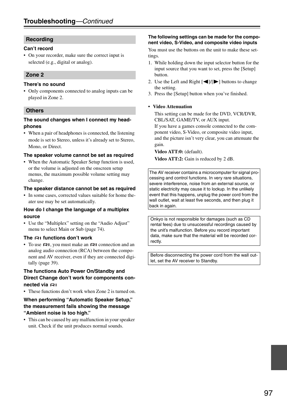 Troubleshooting —continued | Integra DTR-5.8 User Manual | Page 97 / 100
