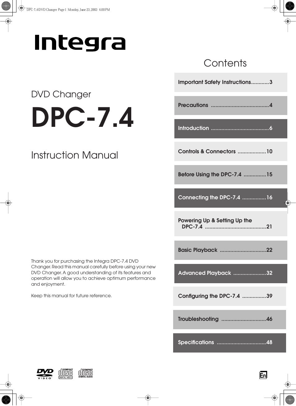 Integra DPC-7.4 User Manual | 48 pages