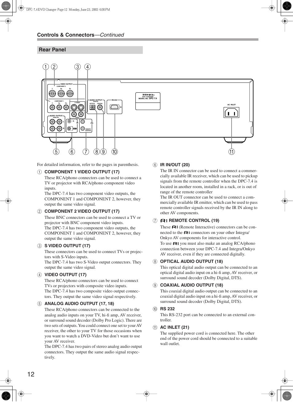 Controls & connectors —continued, Rear panel | Integra DPC-7.4 User Manual | Page 12 / 48