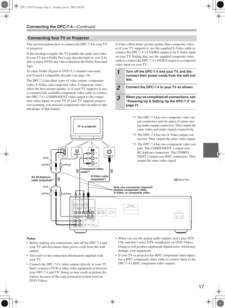 Connecting the dpc-7.4 —continued, Connecting your tv or projector, Connect the dpc-7.4 to your tv as shown | Integra DPC-7.4 User Manual | Page 17 / 48