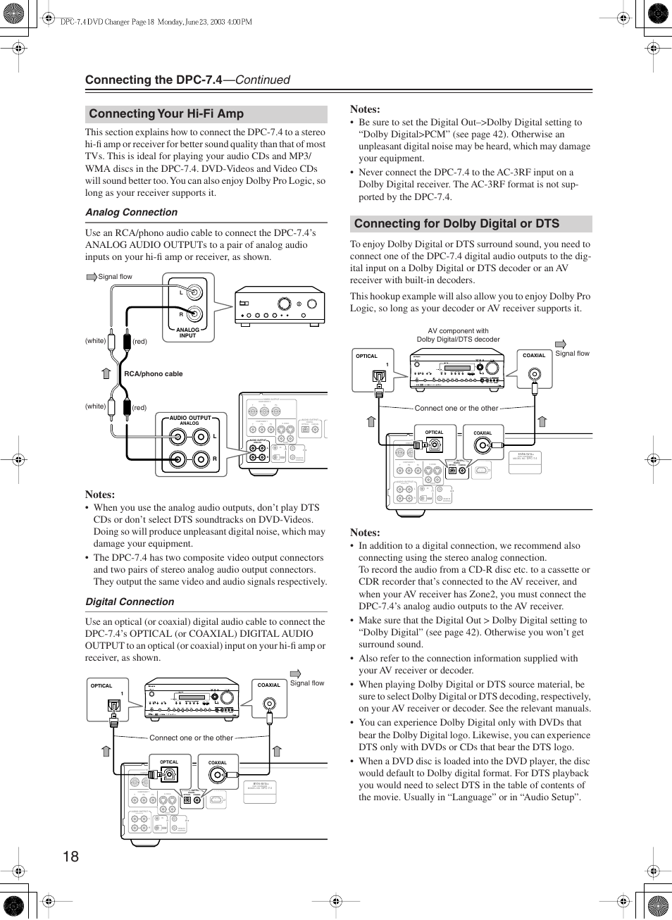 Connecting the dpc-7.4 —continued, Connecting your hi-fi amp, Connecting for dolby digital or dts | Integra DPC-7.4 User Manual | Page 18 / 48