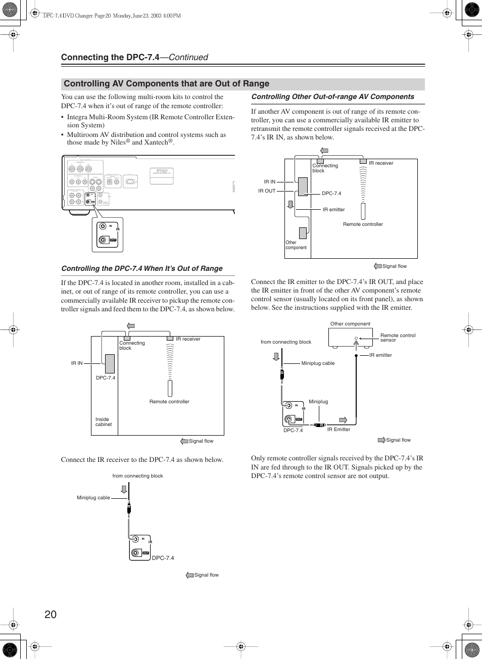 Connecting the dpc-7.4 —continued, Controlling av components that are out of range, And xantech | Integra DPC-7.4 User Manual | Page 20 / 48