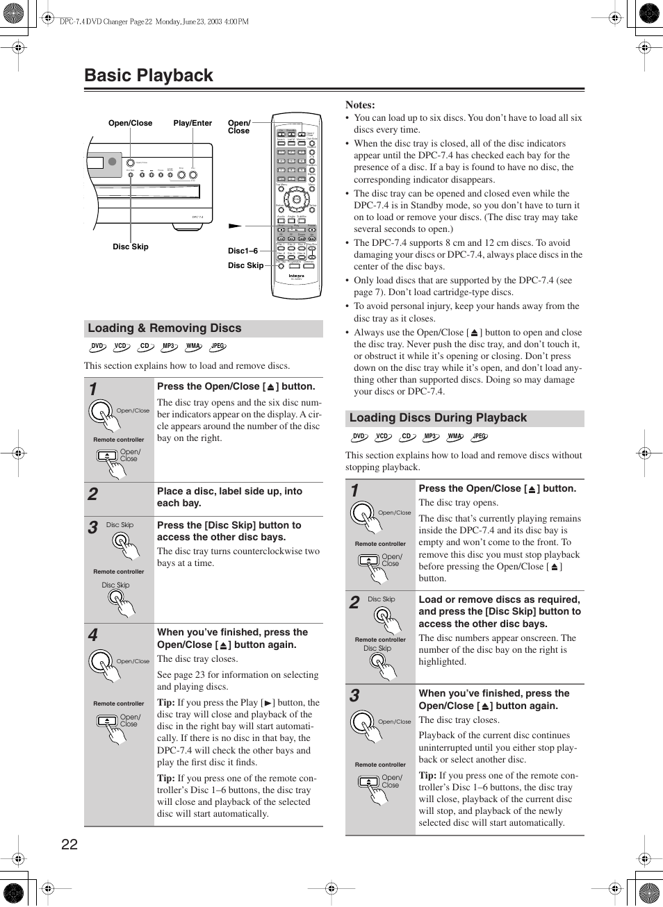 Basic playback, Loading & removing discs, Loading discs during playback | Integra DPC-7.4 User Manual | Page 22 / 48