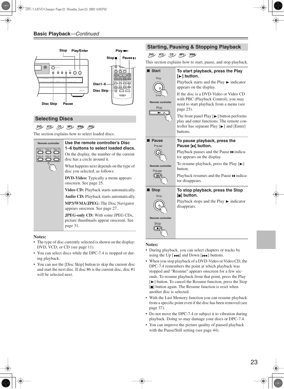 Basic playback —continued, Selecting discs, Starting, pausing & stopping playback | Integra DPC-7.4 User Manual | Page 23 / 48