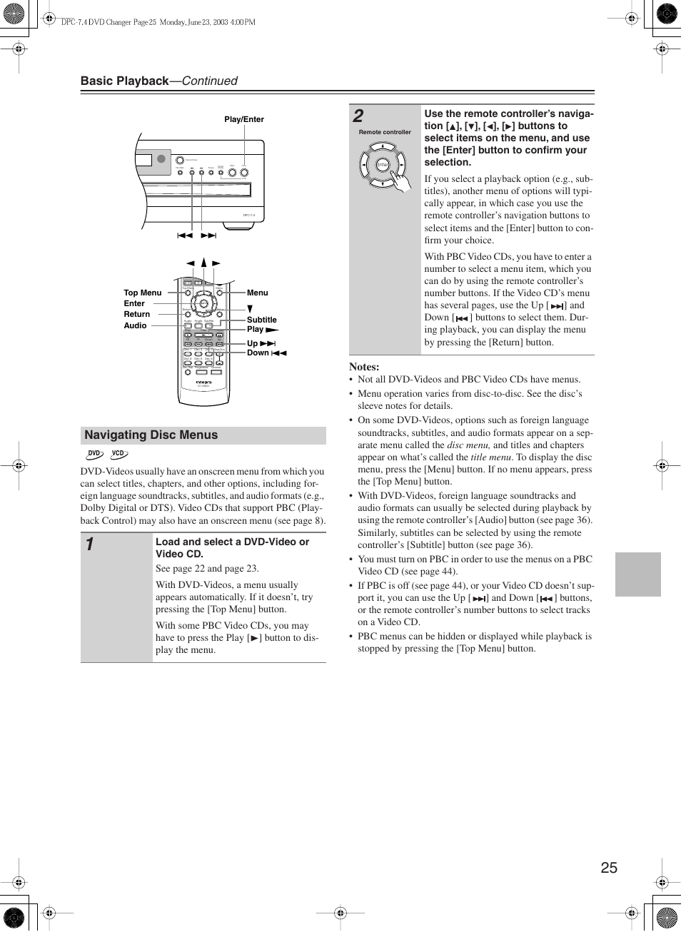 Basic playback —continued, Navigating disc menus | Integra DPC-7.4 User Manual | Page 25 / 48