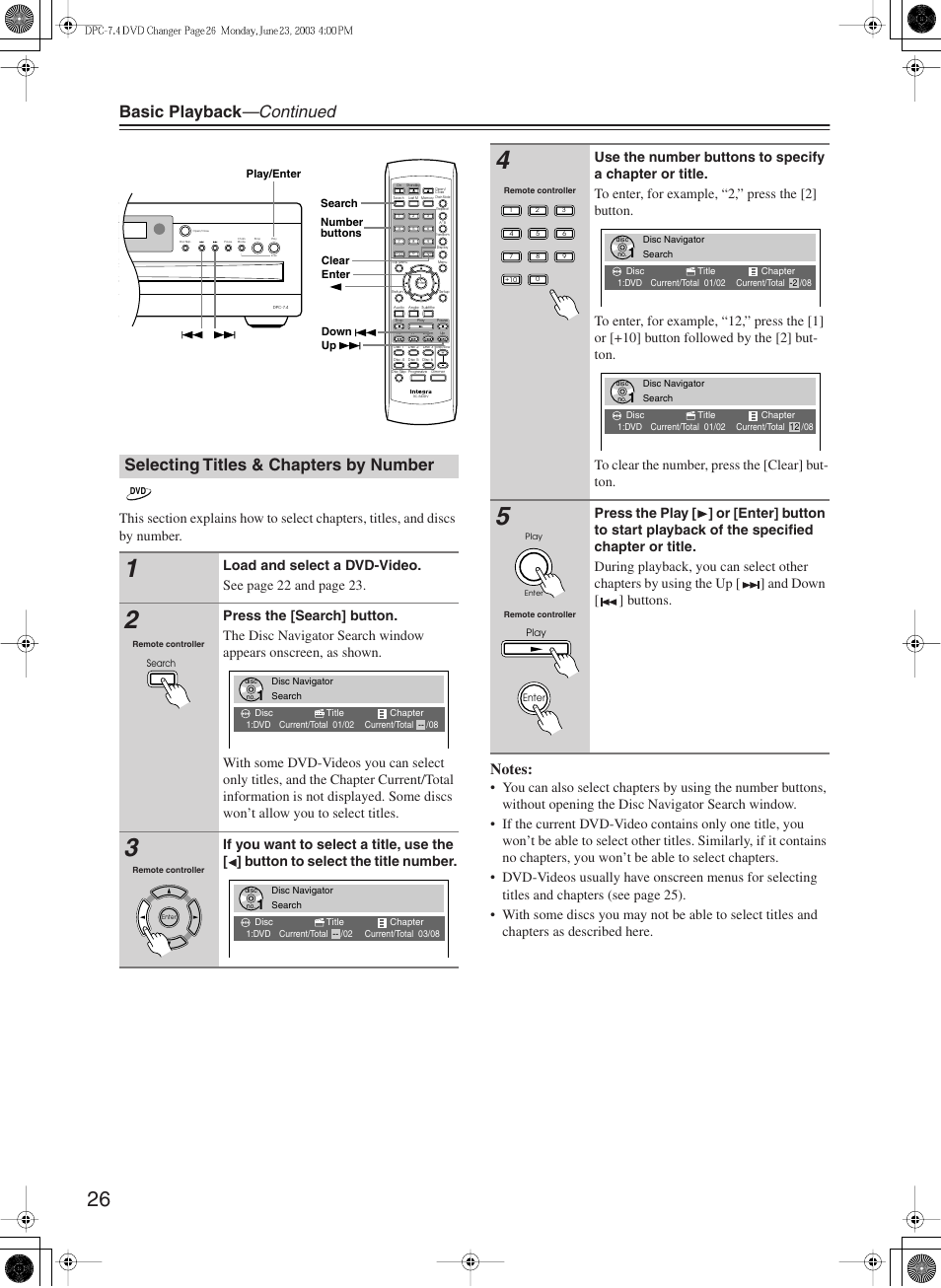 Basic playback —continued, Selecting titles & chapters by number | Integra DPC-7.4 User Manual | Page 26 / 48