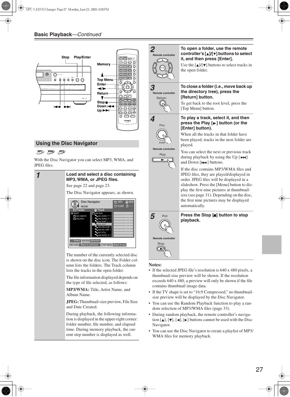 Basic playback —continued, Using the disc navigator, Press the stop [ ] button to stop playback | Integra DPC-7.4 User Manual | Page 27 / 48