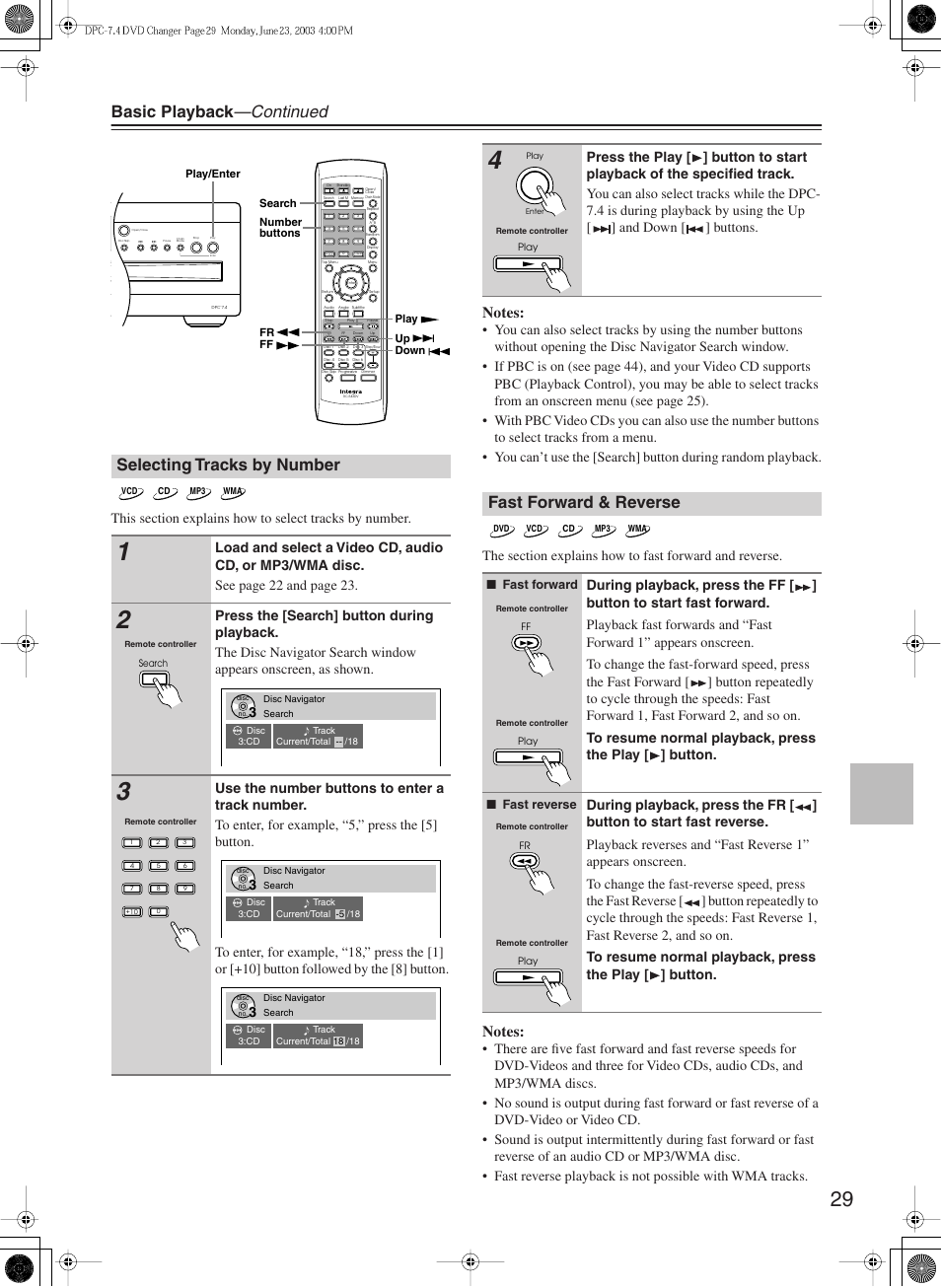 Basic playback —continued, Selecting tracks by number, Fast forward & reverse | Integra DPC-7.4 User Manual | Page 29 / 48