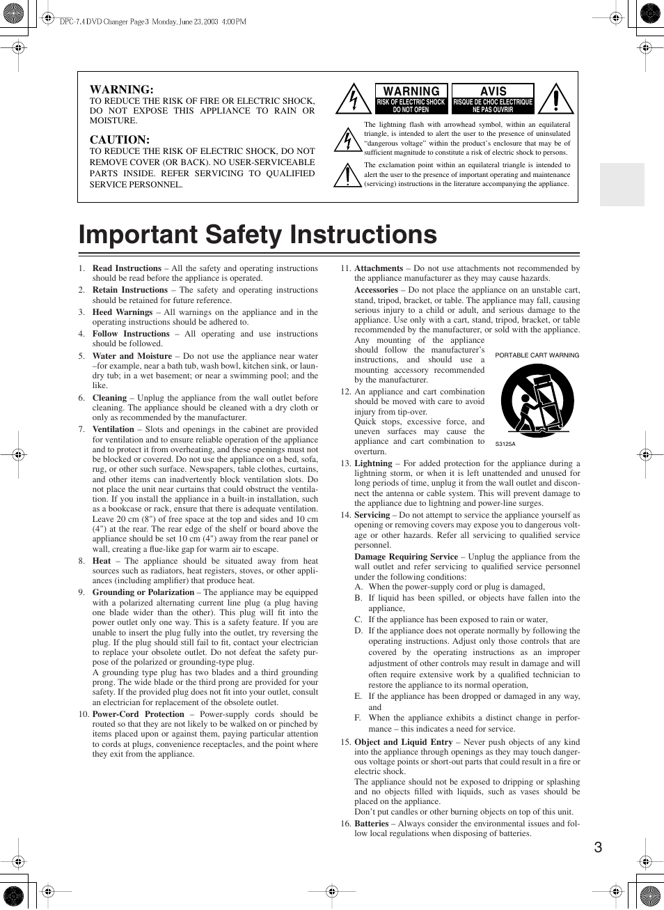 Important safety instructions, Warning, Caution | Avis | Integra DPC-7.4 User Manual | Page 3 / 48