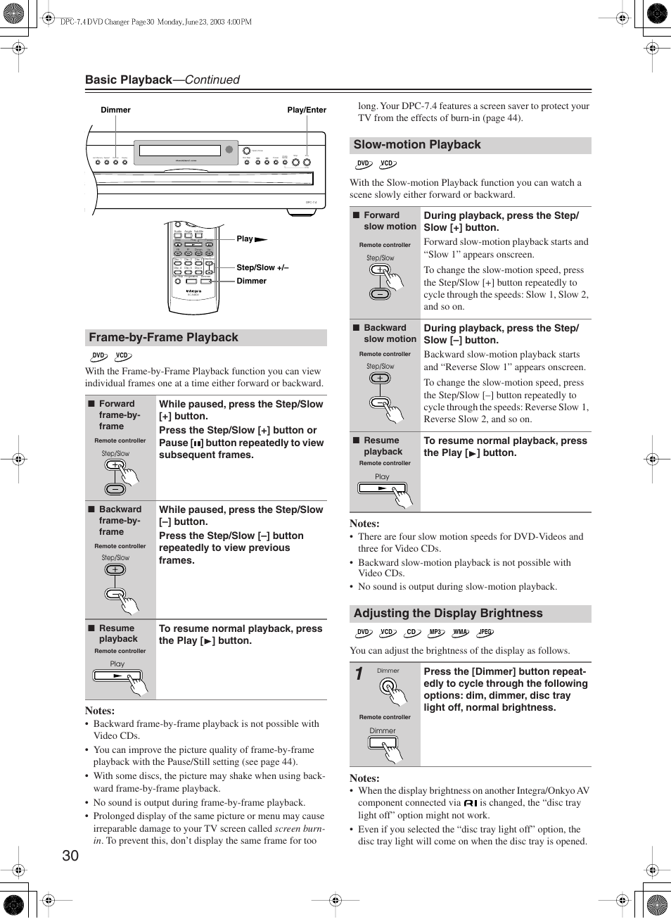 Basic playback —continued, Frame-by-frame playback, Slow-motion playback | Adjusting the display brightness | Integra DPC-7.4 User Manual | Page 30 / 48