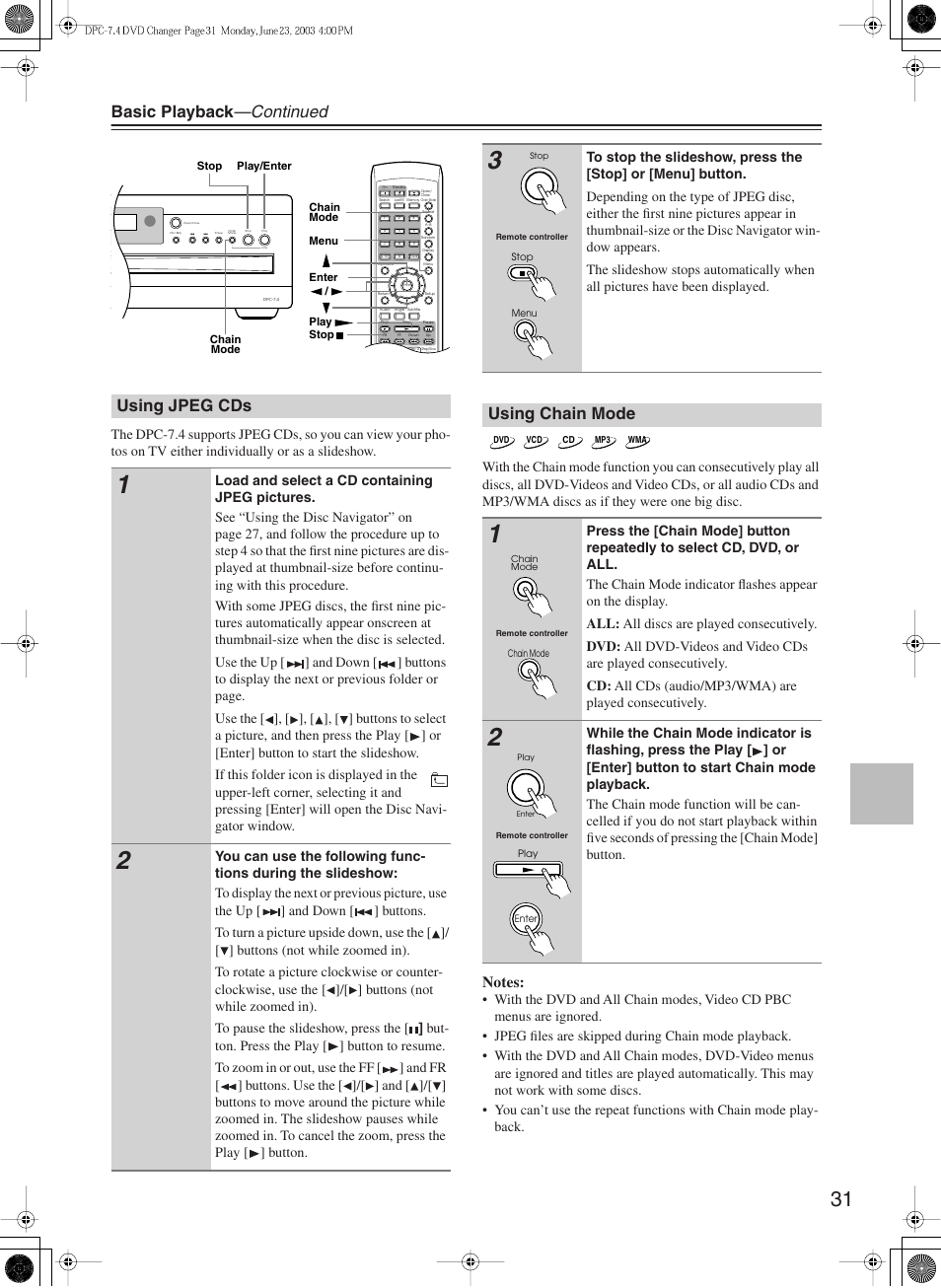 Basic playback —continued, Using jpeg cds, Using chain mode | Integra DPC-7.4 User Manual | Page 31 / 48