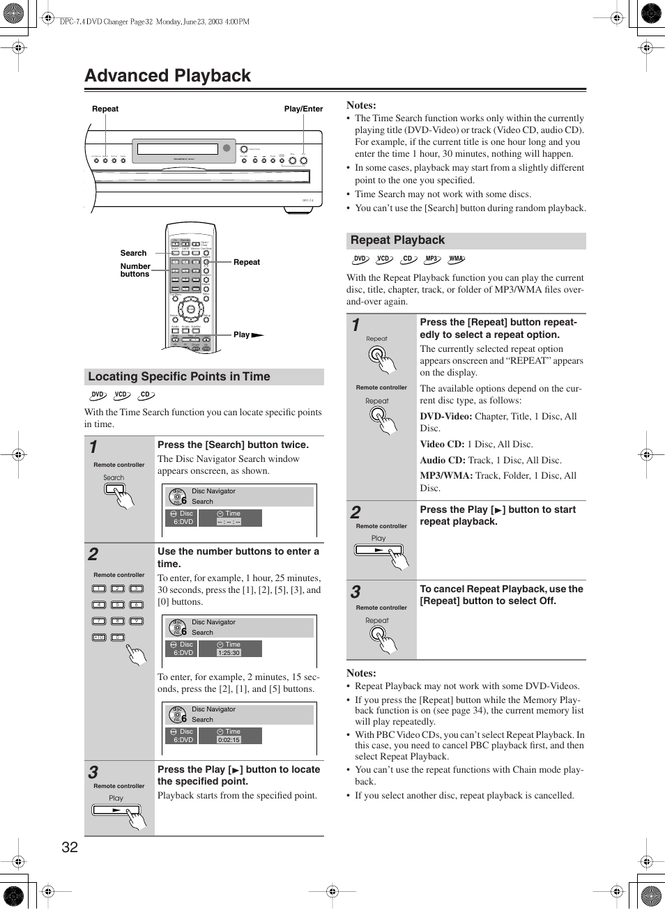 Advanced playback, Locating specific points in time, Repeat playback | Press the play [ ] button to start repeat playback | Integra DPC-7.4 User Manual | Page 32 / 48