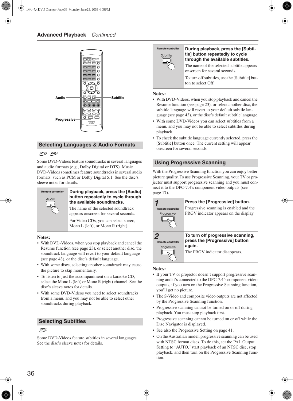Advanced playback —continued, Selecting languages & audio formats, Selecting subtitles | Using progressive scanning | Integra DPC-7.4 User Manual | Page 36 / 48