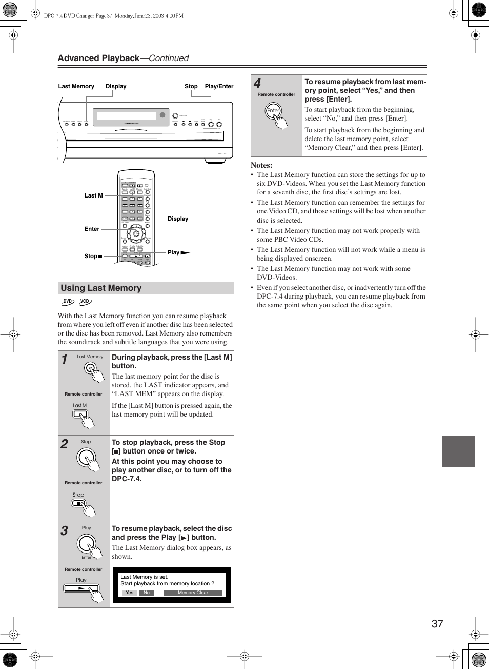 Advanced playback —continued | Integra DPC-7.4 User Manual | Page 37 / 48