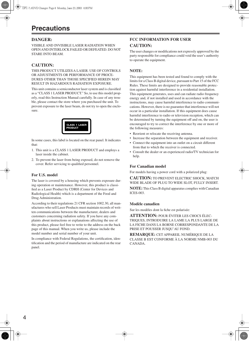 Precautions | Integra DPC-7.4 User Manual | Page 4 / 48