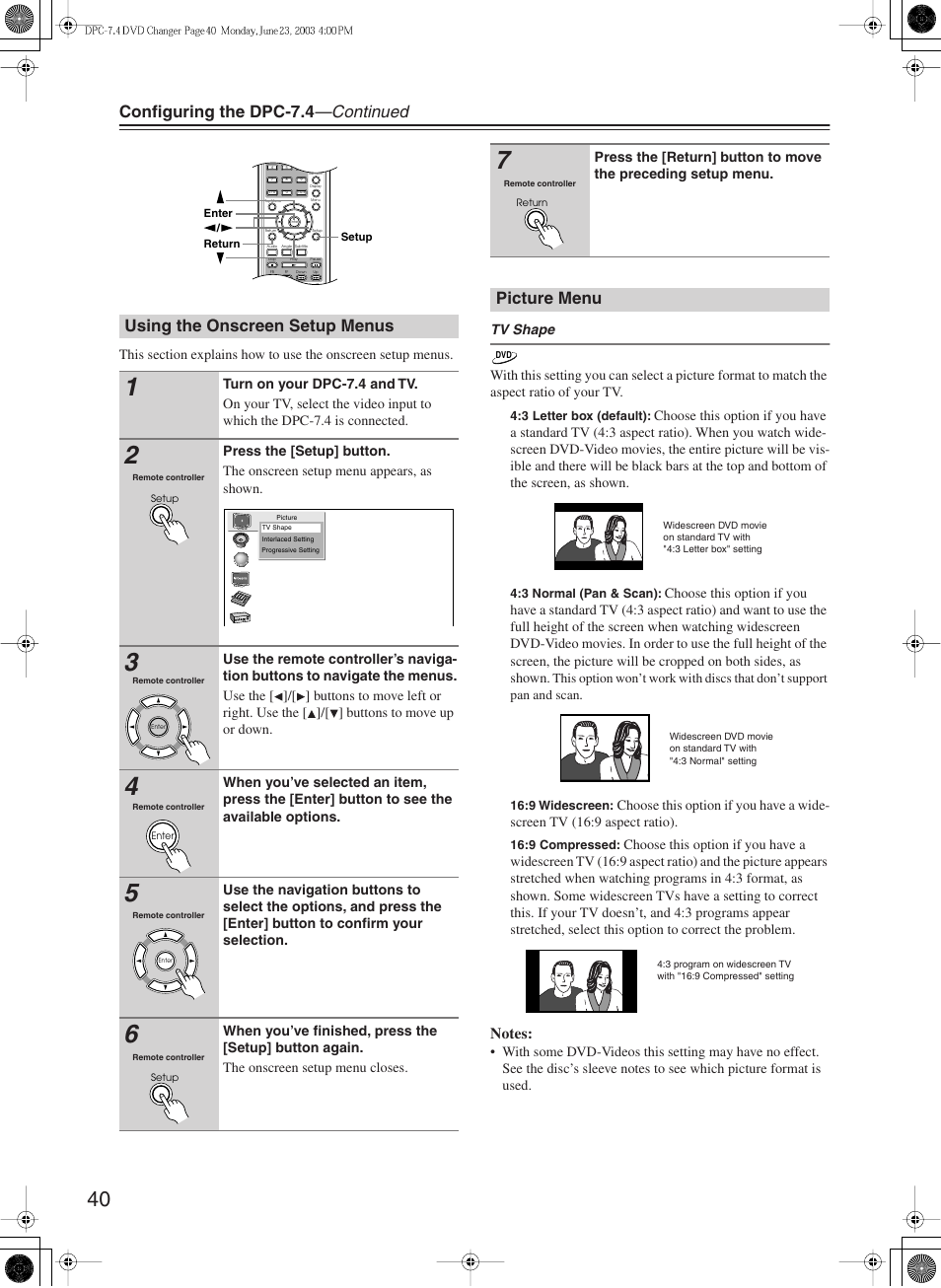 Configuring the dpc-7.4 —continued, Using the onscreen setup menus, Picture menu | Integra DPC-7.4 User Manual | Page 40 / 48