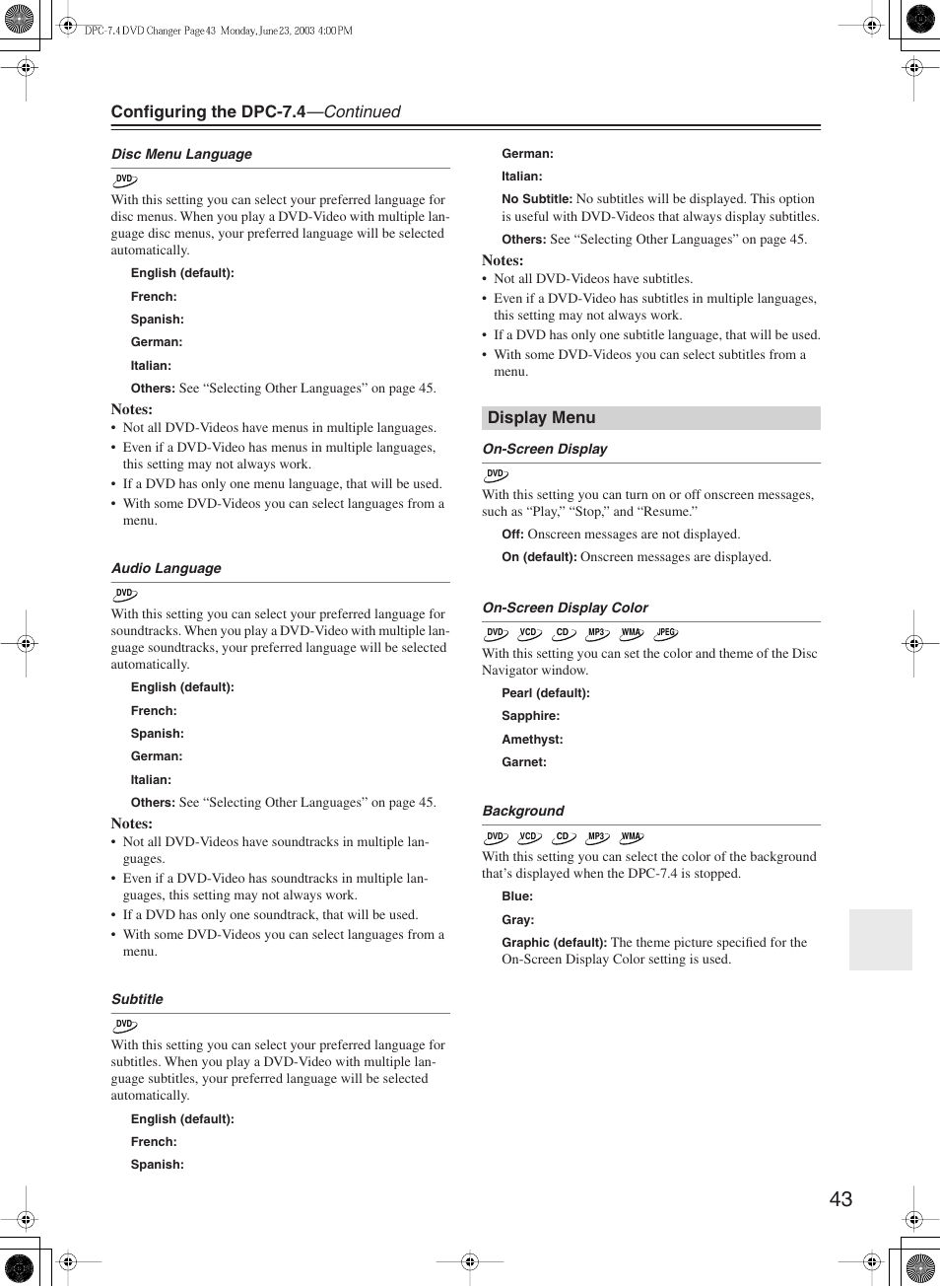 Configuring the dpc-7.4 —continued, Display menu | Integra DPC-7.4 User Manual | Page 43 / 48