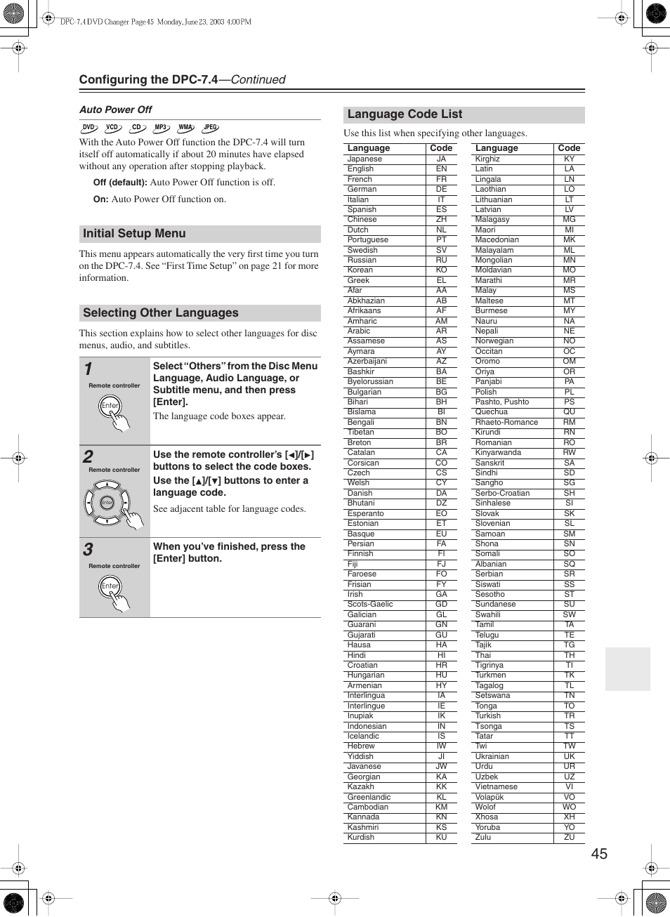Configuring the dpc-7.4 —continued, Initial setup menu selecting other languages, Language code list | Integra DPC-7.4 User Manual | Page 45 / 48