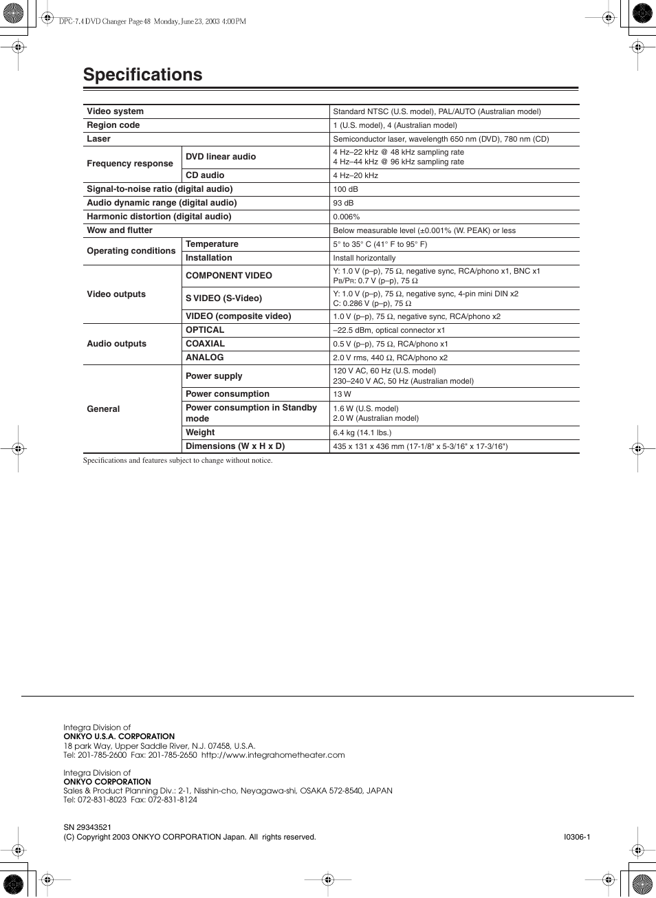 Specifications | Integra DPC-7.4 User Manual | Page 48 / 48