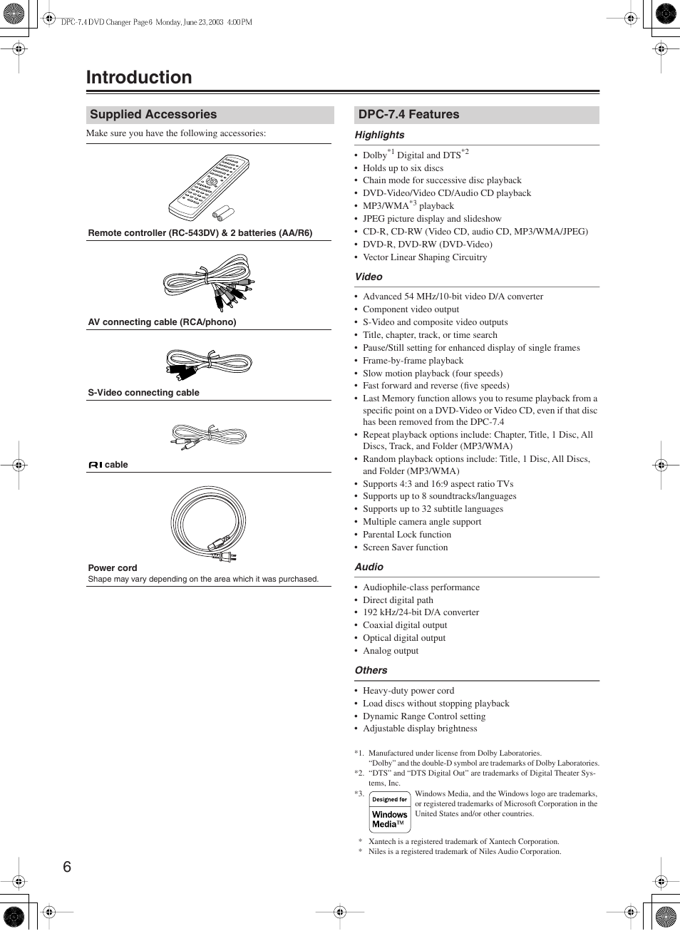 Introduction, Supplied accessories, Dpc-7.4 features | Integra DPC-7.4 User Manual | Page 6 / 48