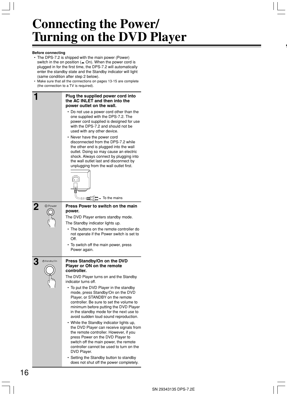 Connecting the power/ turning on the dvd player | Integra DPS-7.2 User Manual | Page 16 / 68