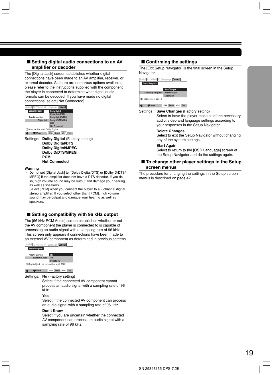 Confirming the settings, Setting compatibility with 96 khz output | Integra DPS-7.2 User Manual | Page 19 / 68