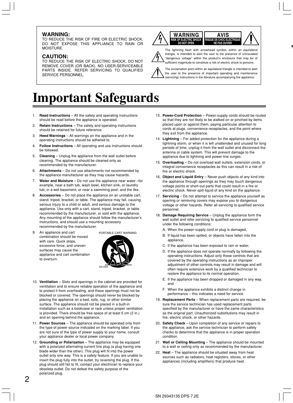 Important safeguards, Warning, Caution | Avis | Integra DPS-7.2 User Manual | Page 2 / 68