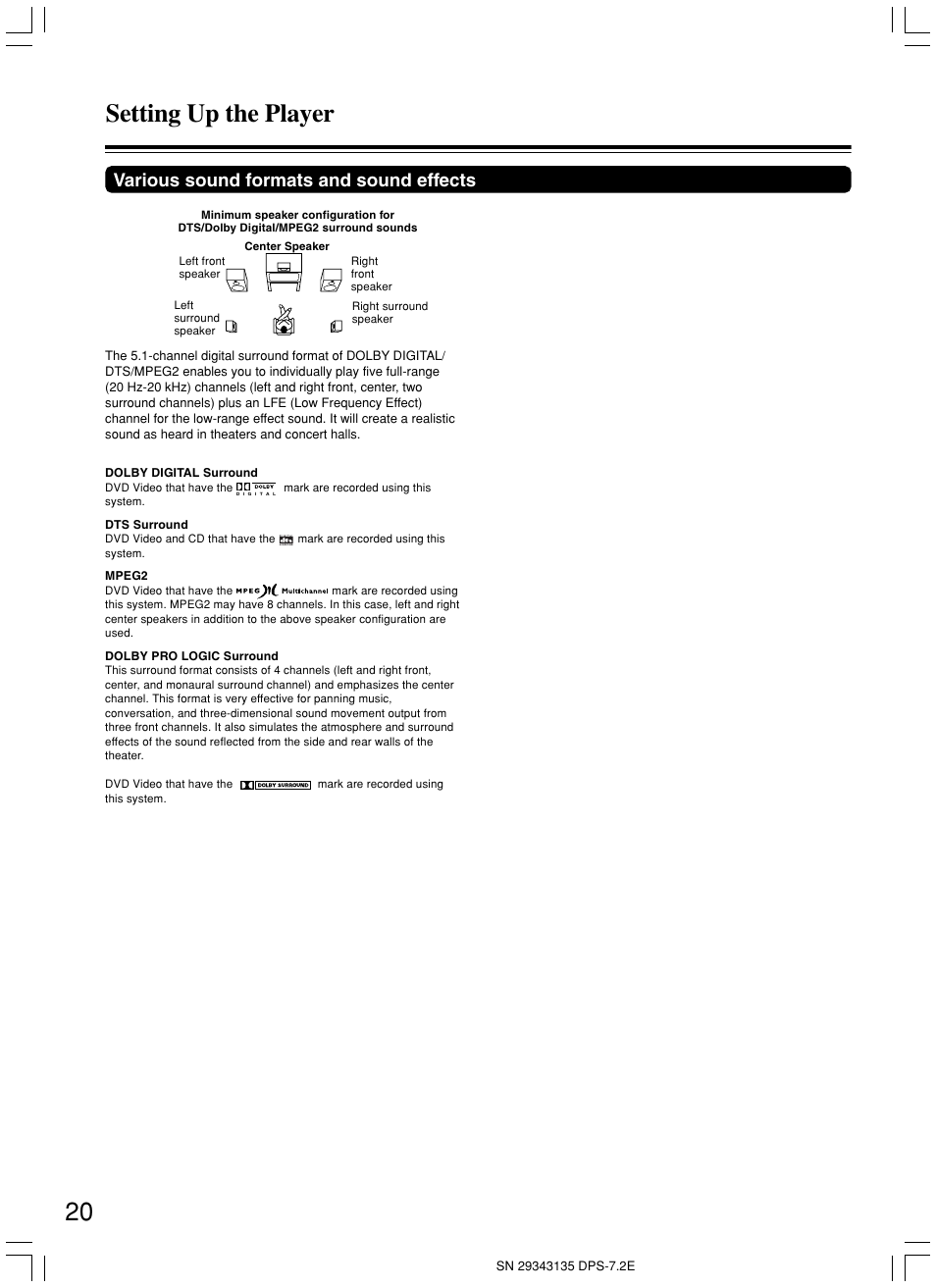 Setting up the player, Various sound formats and sound effects | Integra DPS-7.2 User Manual | Page 20 / 68