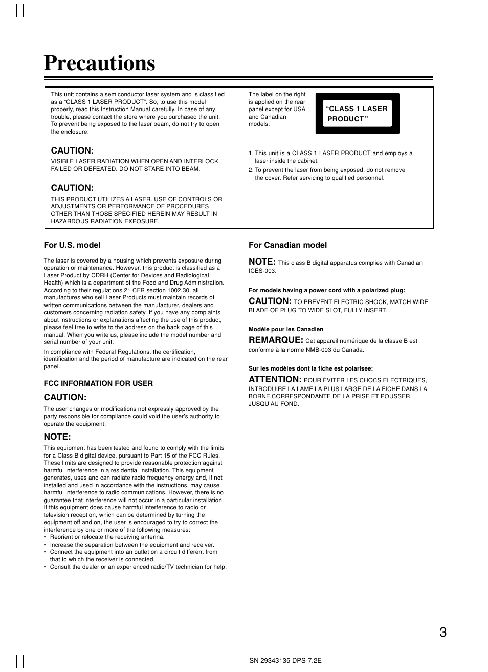 Precautions | Integra DPS-7.2 User Manual | Page 3 / 68