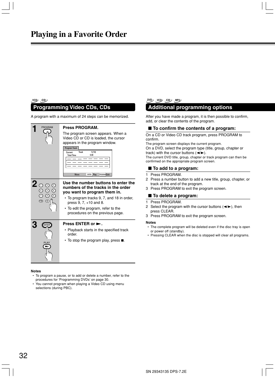 Playing in a favorite order, Programming video cds, cds, Additional programming options | Integra DPS-7.2 User Manual | Page 32 / 68