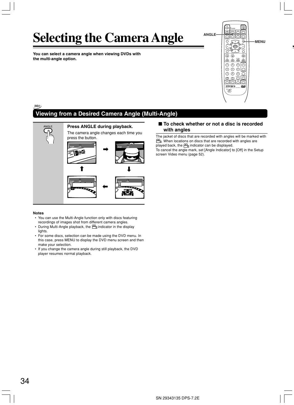 Selecting the camera angle, Viewing from a desired camera angle (multi-angle), Press angle during playback | Menu angle | Integra DPS-7.2 User Manual | Page 34 / 68