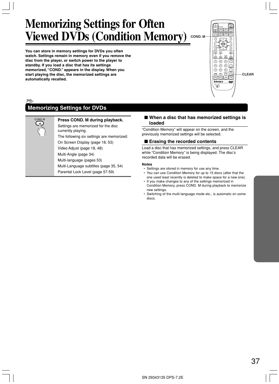 Erasing the recorded contents, Press cond. m during playback, Clear cond. m | Integra DPS-7.2 User Manual | Page 37 / 68