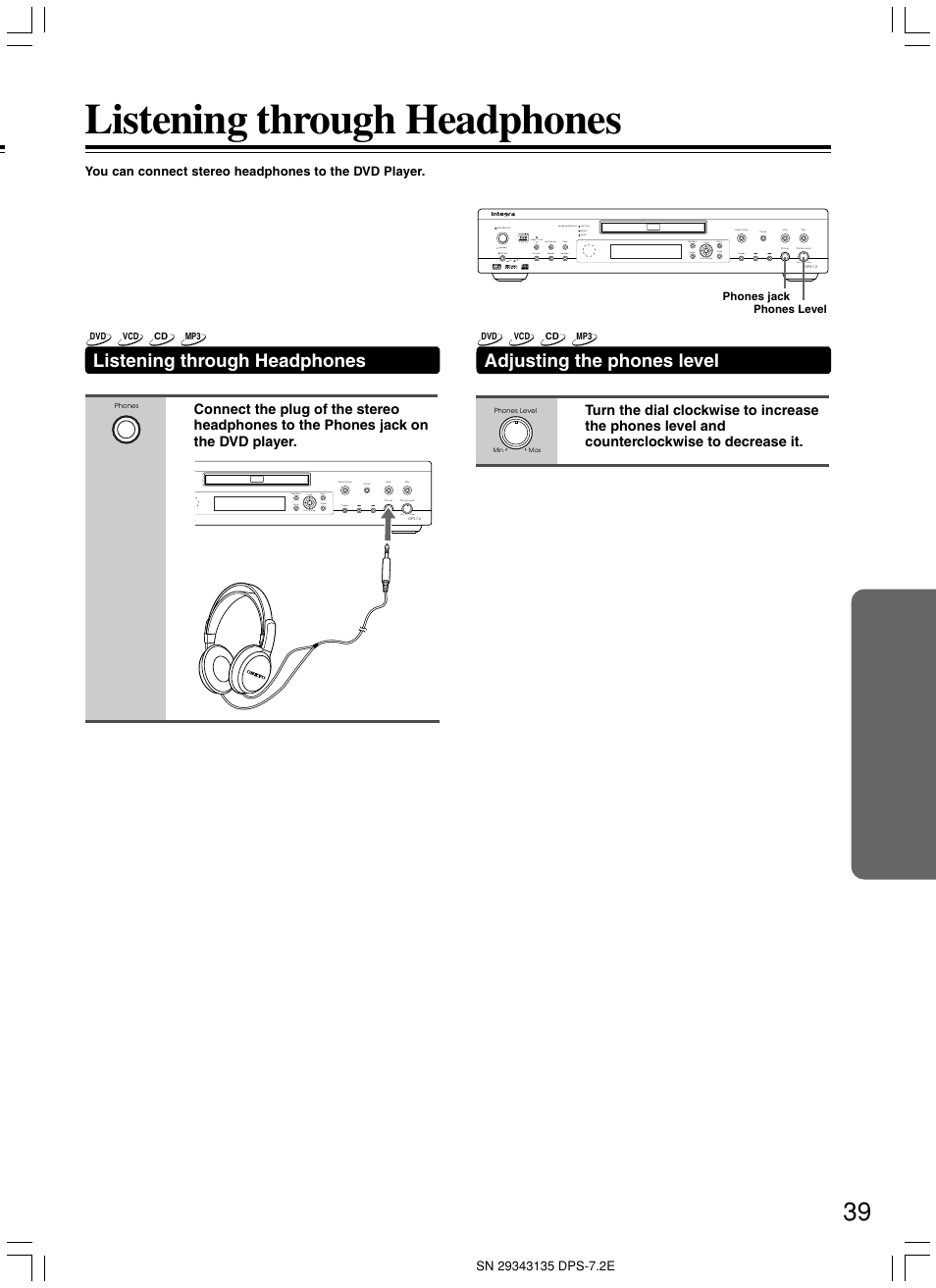 Listening through headphones, Adjusting the phones level, Max min | Phones level, Phones jack | Integra DPS-7.2 User Manual | Page 39 / 68