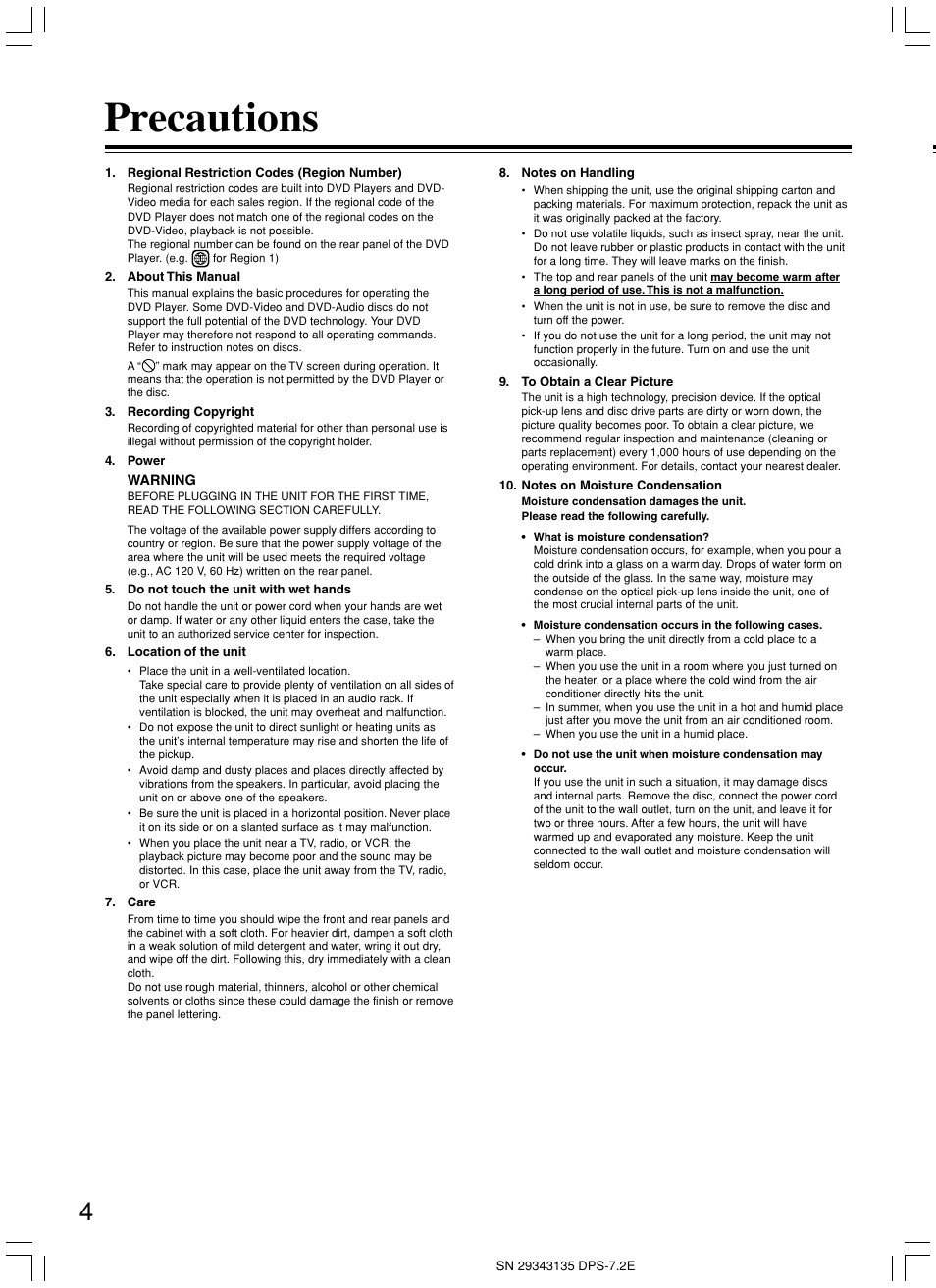 Precautions | Integra DPS-7.2 User Manual | Page 4 / 68